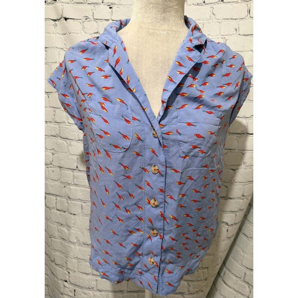 Anthropologie 52 Conversations Blue Button Up Blouse Fish Novelty Print XS - Picture 2 of 10